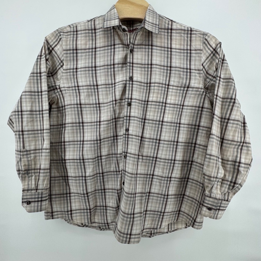Tasso Elba Button Down Shirt Mens XL Plaid 100% Cotton Classic Fit Tan Grey - Picture 2 of 7